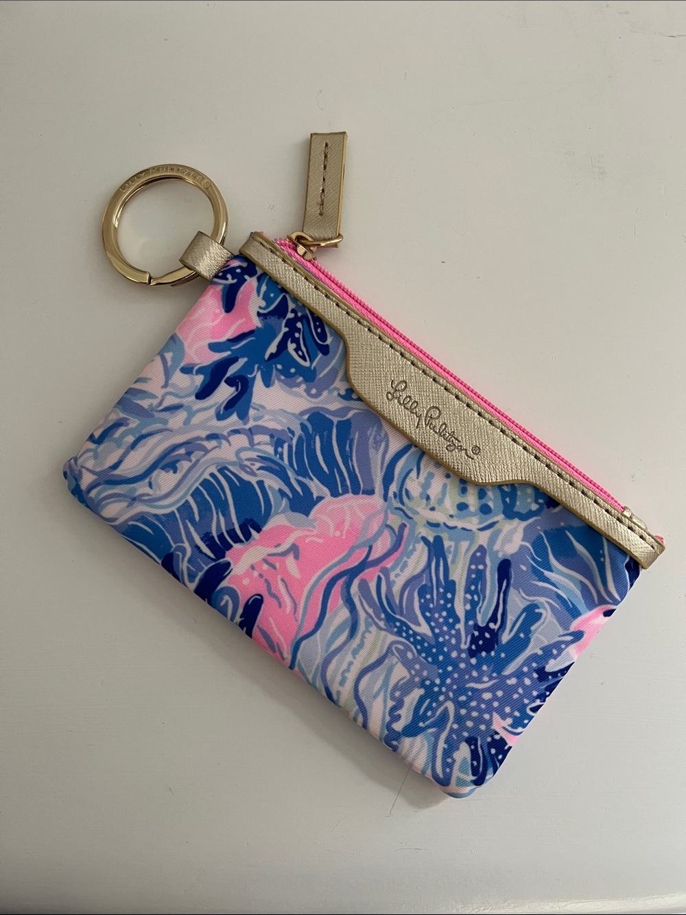 Lilly Pulitzer Pink & Blue Floral Key Pouch with Gold Trim